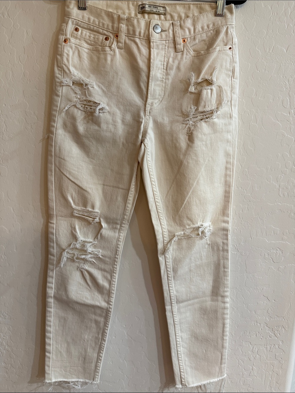 Free People Off-White Distressed Skinny Jeans